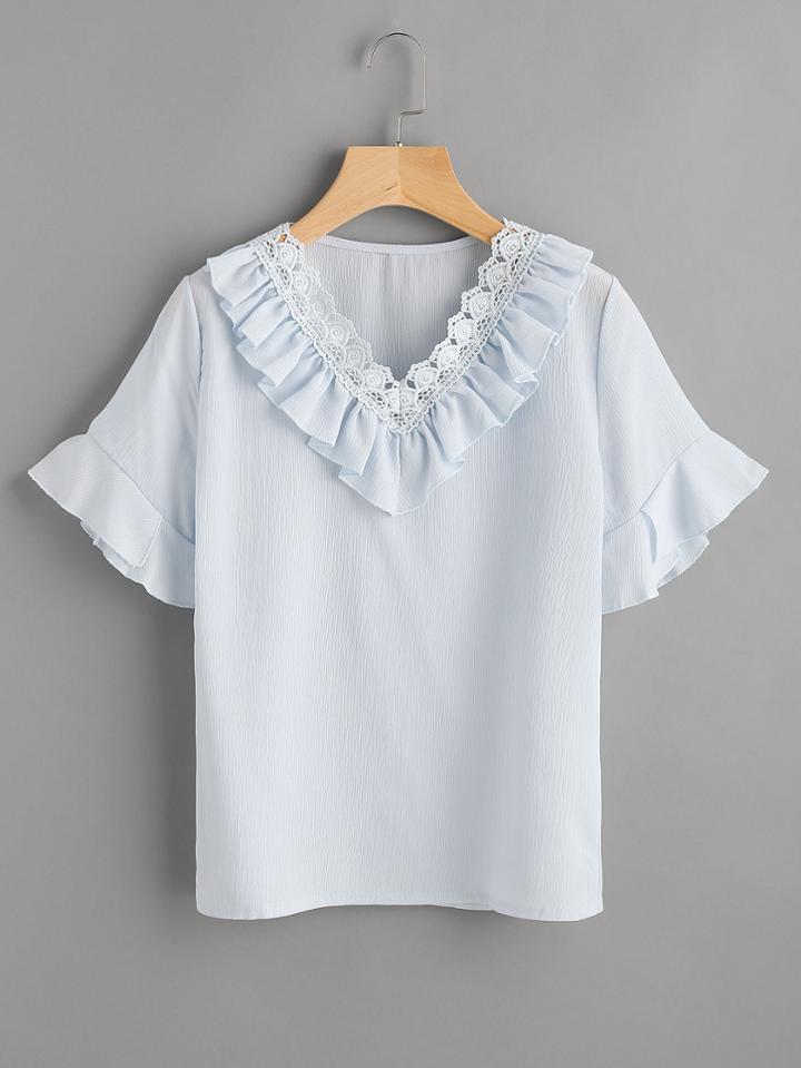 Shein Lace Trim V-neckline Frill Top