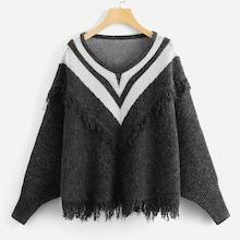 Shein Fringe Trim Dolman Sleeve Chevron Jumper