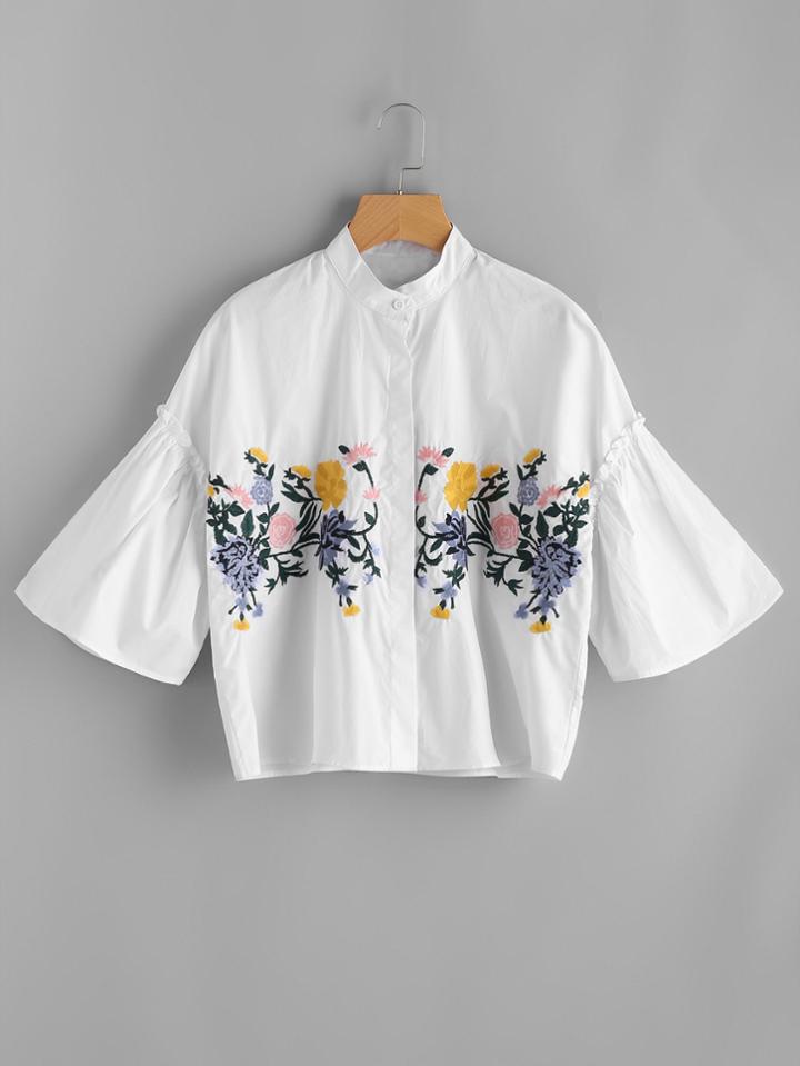 Shein Band Collar Drop Shoulder Seam Embroidery Blouse