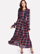 Shein Ruffle Trim Plaid Print Asymmetrical Dress