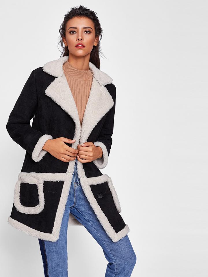 Shein Pocket Front Two Tone Faux Shearling Coat