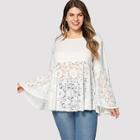 Shein Plus Contrast Lace Bell Sleeve Blouse