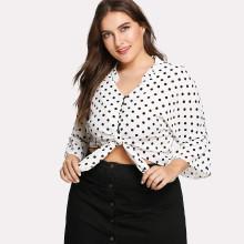 Shein Plus Ruffle Trim Polka Dot Shirt