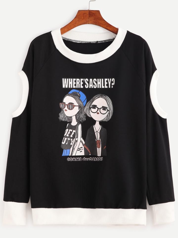Shein Contrast Trim Girls Print Cutout Shoulder Sweatshirt