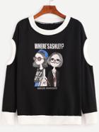 Shein Contrast Trim Girls Print Cutout Shoulder Sweatshirt