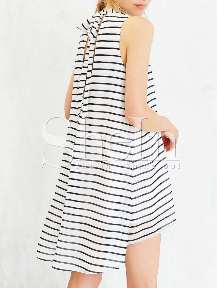Shein White Sleeveless Striped Strappy High Low Dress