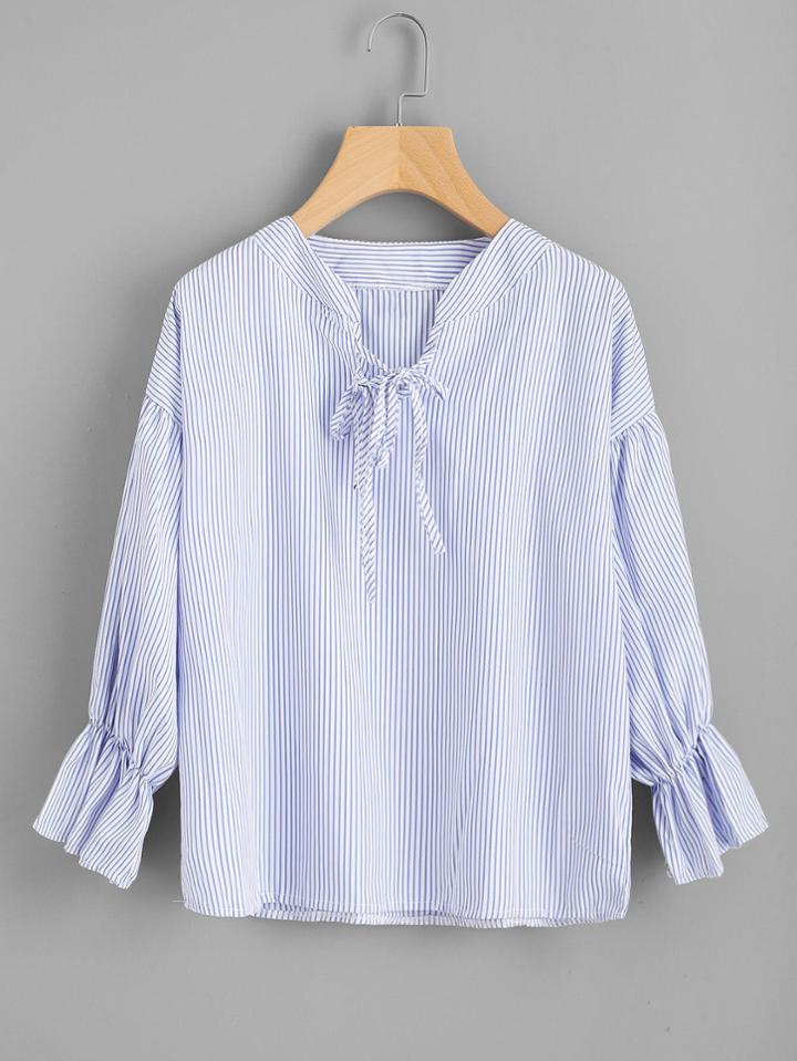 Shein Vertical Striped Drop Shoulder Tie Detail Blouse