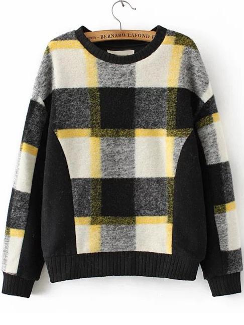 Shein Black Plaid Ribbed Trim Casual Sweatshirt