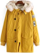 Shein Yellow Faux Fur Hooded Buttons Loose Coat