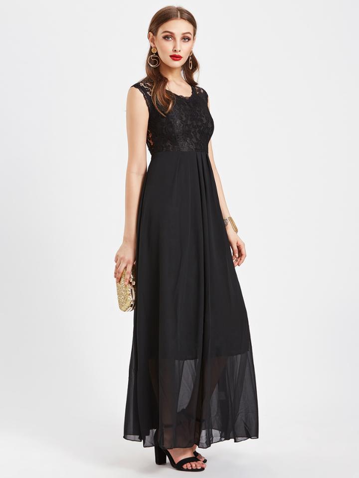 Shein Floral Lace Panel Full Length Chiffon Dress