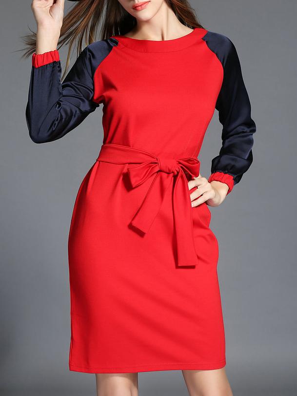 Shein Red Contrast Sleeve Bow Dress