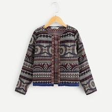 Shein Girls Fringe Trim Geo Jacquard Coat