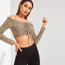 Shein Frilled Trim Leopard Print Knot Bardot Tee