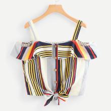 Shein Open Shoulder Knot Hem Striped Top