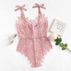Shein Ribbon Tie Shoulder See Though Floral Lace Bodysuit