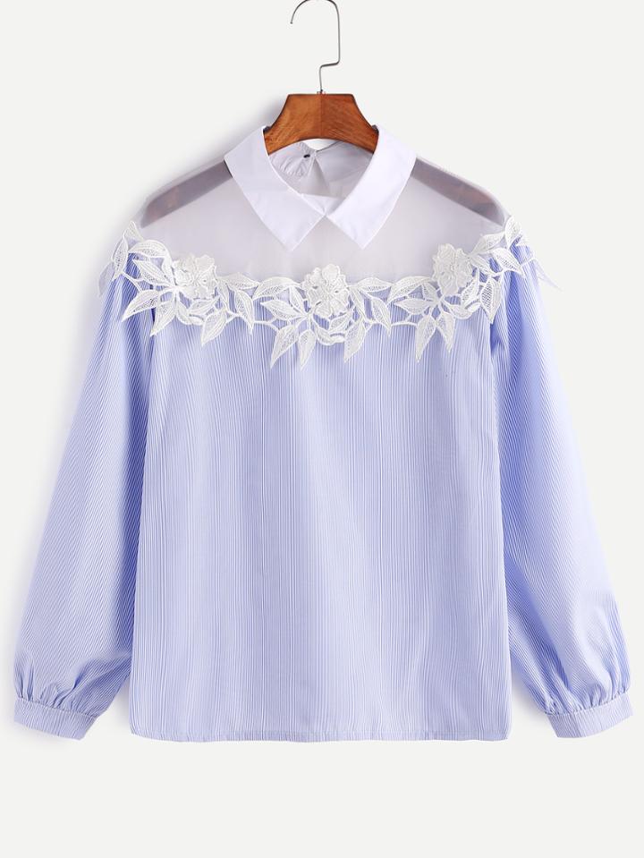 Shein Blue Vertical Striped Contrast Mesh Applique Blouse