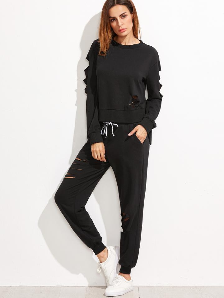Shein Black High Low Ripped Sweatshirt With Sweatpants