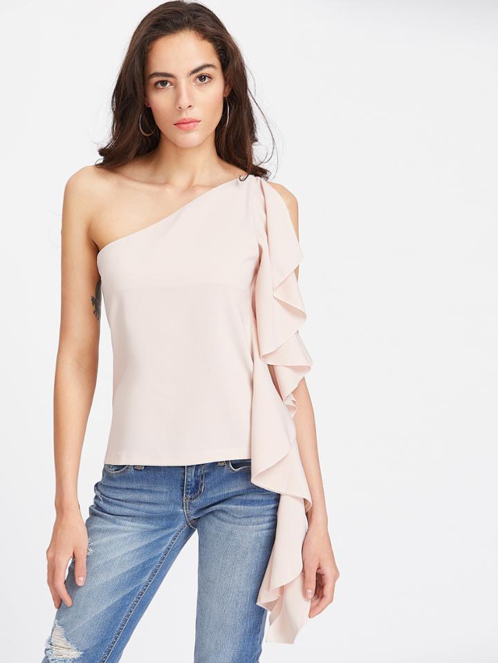 Shein Pink One Shoulder Ruffle Trim Top