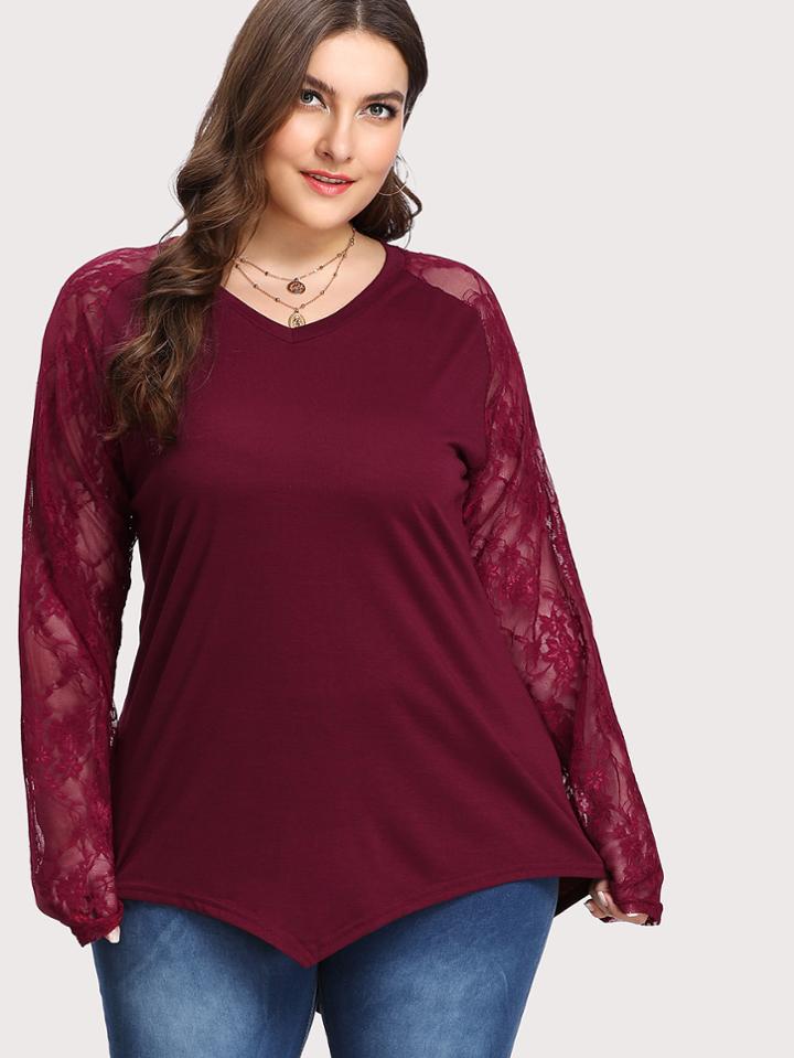Shein Lace Sleeve Contrast Asymmetrical Tee