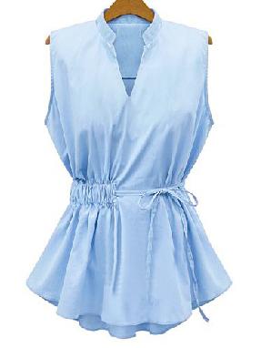Shein Blue Stand Collar Sleeveless Drawstring Waist Blouse