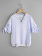 Shein V-neckline Lantern Sleeve Tie Cuff Striped Blouse