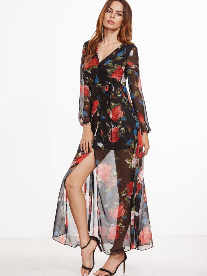 Shein Black Floral Split Chiffon Warp Dress With Self Tie
