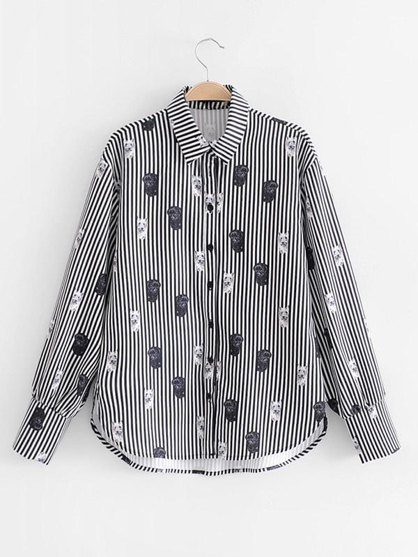 Shein Dog Print Dolphin Hem Striped Blouse