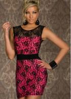 Rosewe Amazing Round Neck Sleeveless Black Lace Splicing Bodycon Dress Rose