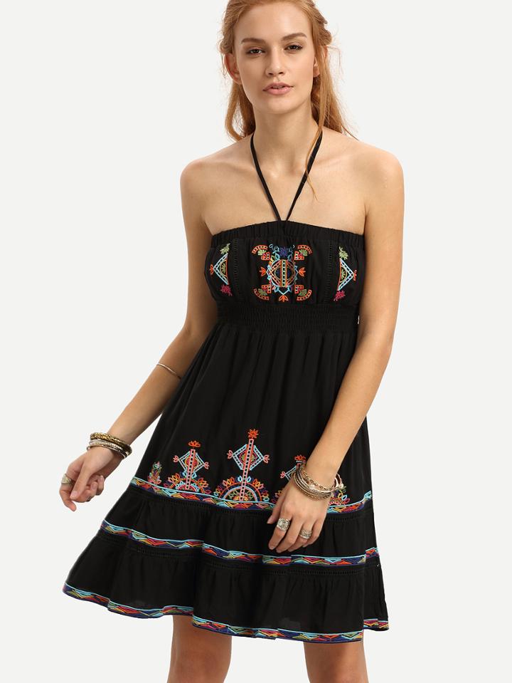 Shein Black Halter Embroidered Ruffle Hem Dress