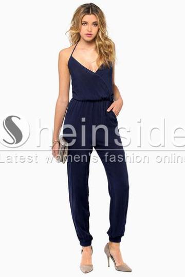 Shein Navy Spaghetti Strap V Neck Loose Jumpsuit