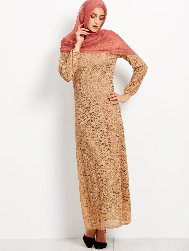 Shein Muslim Lace Overlay Long Sleeve Islamic Kaftan Abaya Maxi Dress