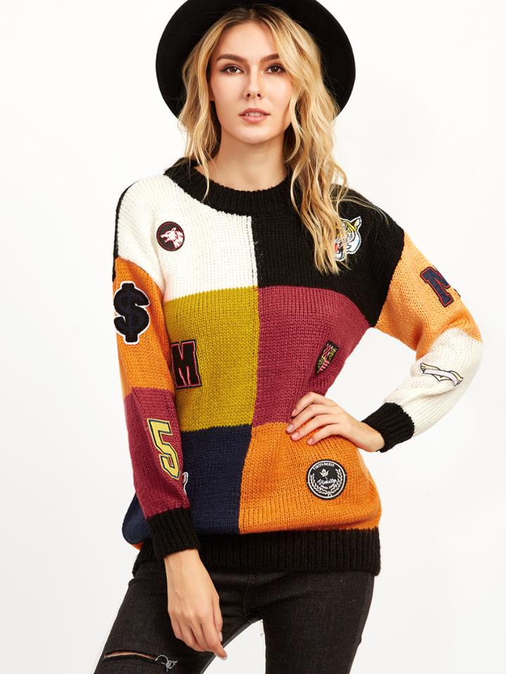 Shein Patchwork Drop Shoulder Embroidered Patches Sweater