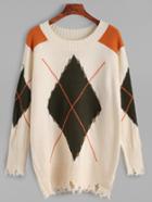 Shein Apricot Geometric Print Hollow Frayed Sweater