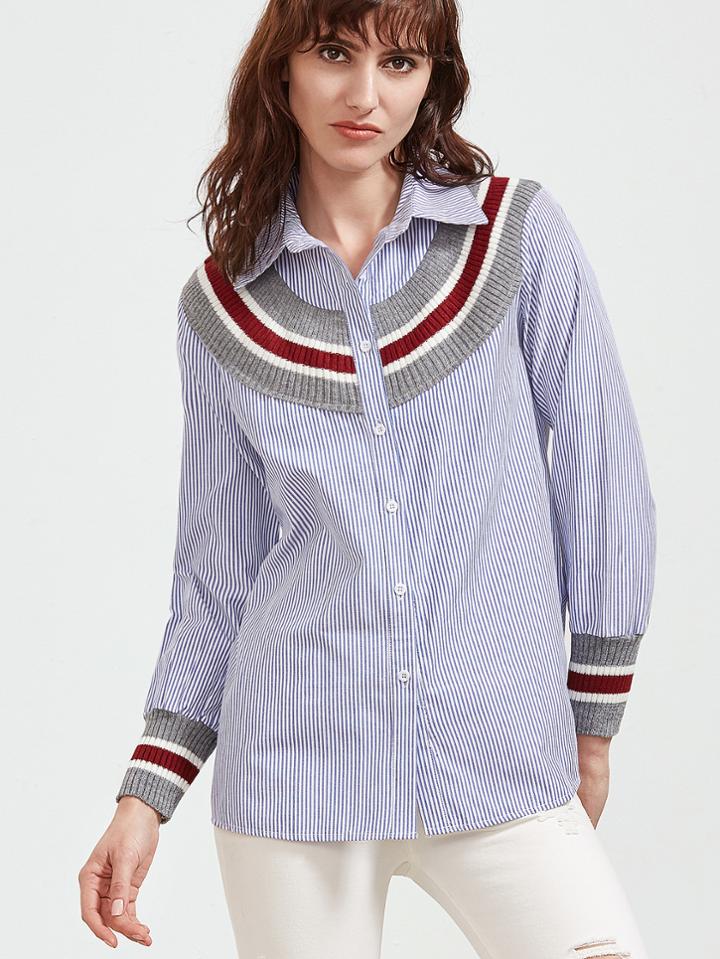 Shein Blue Vertical Striped Ribbed Trim High Low Shirt