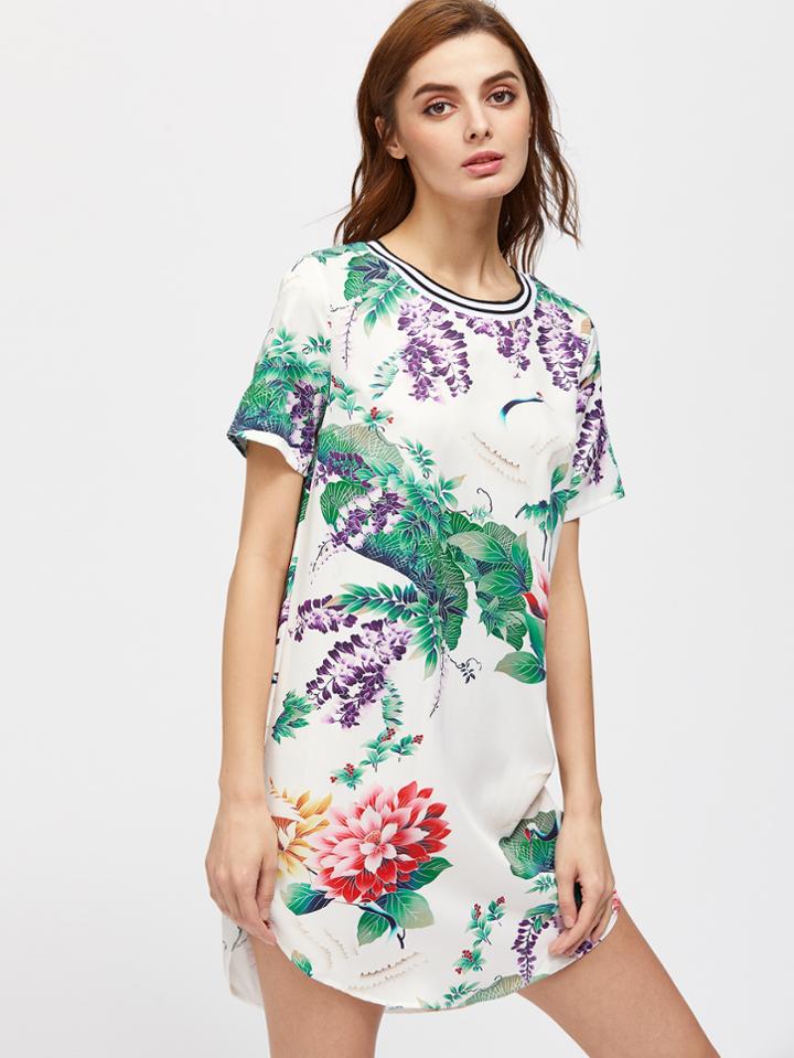 Shein Random Botanical Cranes Printed Stripes Curved Hem Dress