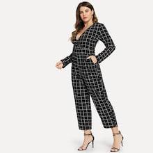 Shein Plus Deep V-neck Plaid Jumpsuit