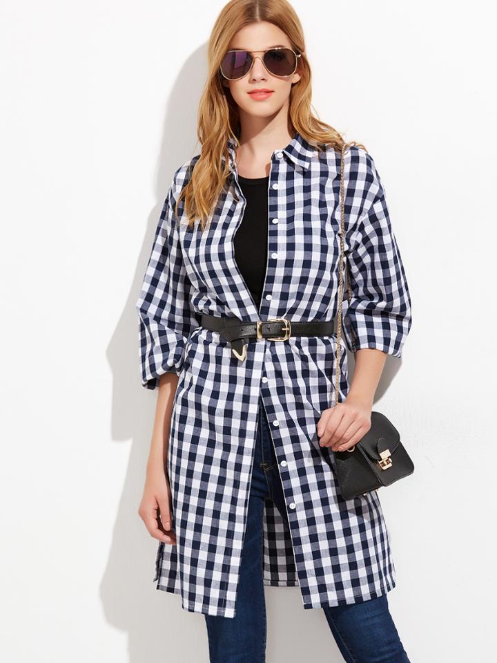 Shein Navy And White Gingham Button Up Longline Blouse