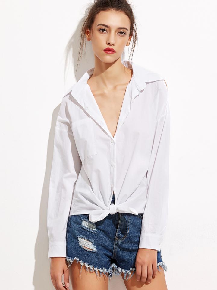 Shein White Slit Shoulder Tie Front Pocket Shirt