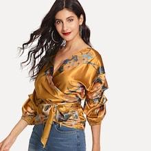 Shein Surplice Wrap Self Tie Floral Satin Blouse