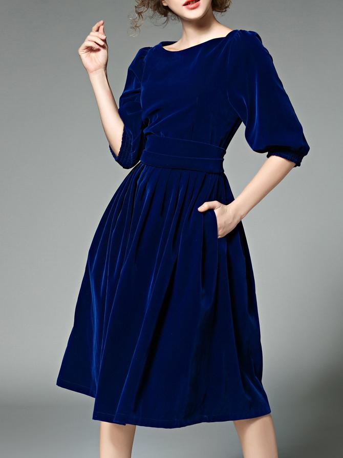 Shein Blue Pockets Velvet A-line Dress