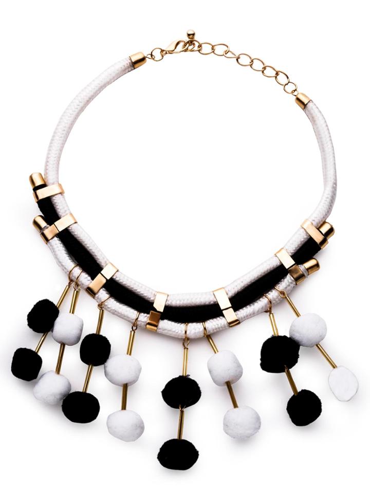 Shein Black And White Pom Pom Fringe Statement Necklace