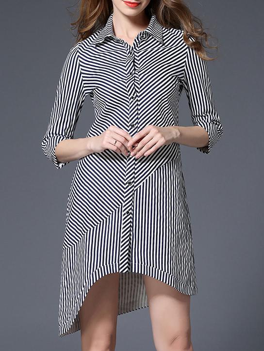 Shein White Black Striped High Low Dress