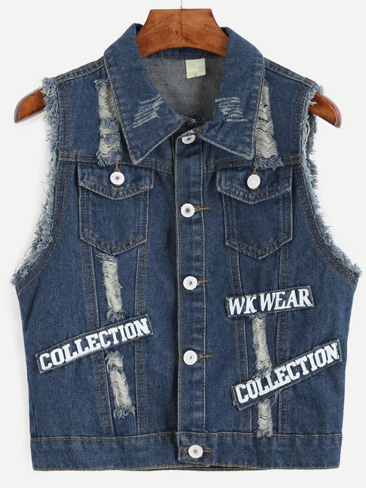 Shein Blue Letter Print Patch Detail Frayed Denim Jacket