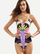 Shein Multicolor Tribal Print Lace-up One-piece Swimwear