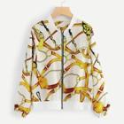 Shein Zip Front Scarf Print Jacket