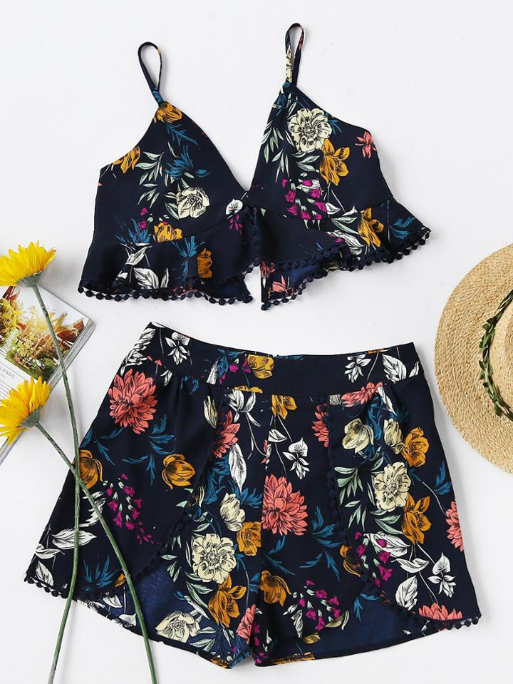Shein V-neckline Floral Cami Top With Shorts