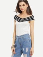 Shein Contrast Striped Boat Neck T-shirt - White