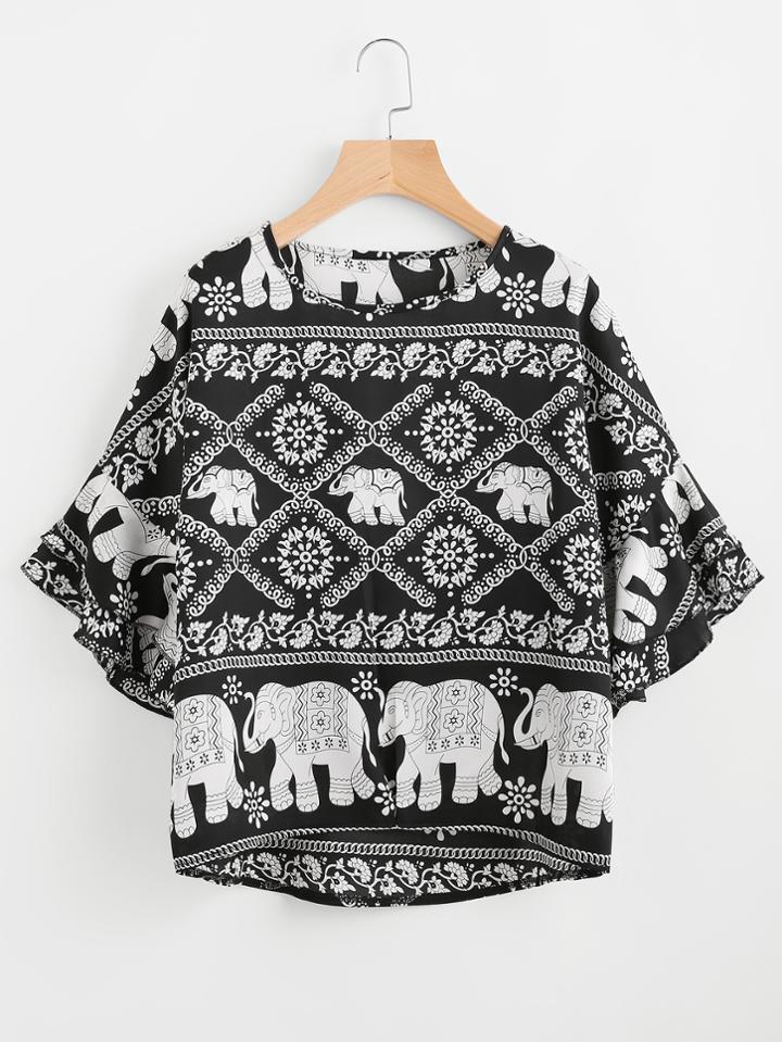 Shein Elephant Print Tiered Cuff Dip Hem Top
