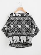 Shein Elephant Print Tiered Cuff Dip Hem Top