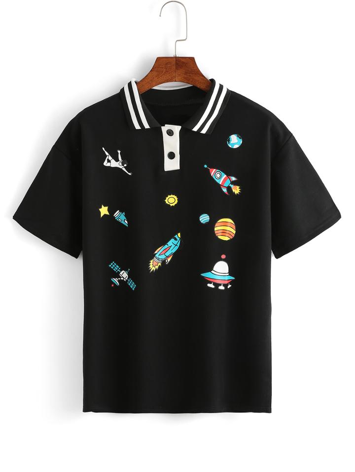Shein Striped Collar Space Print Polo Shirt